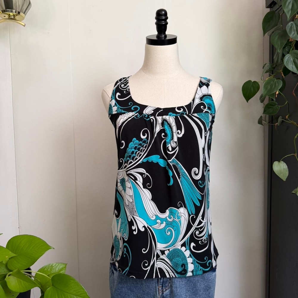 Claudia Richard Y2K Floral Paisley Psychedelic Tank Top Teal Black White
